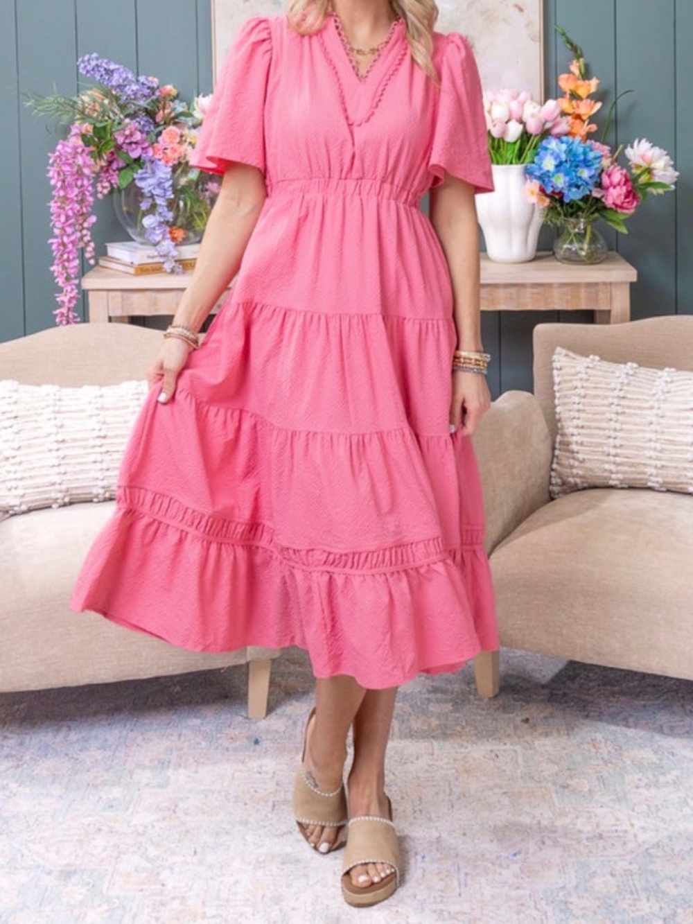 V Neck Short Sleeve Midi Dress